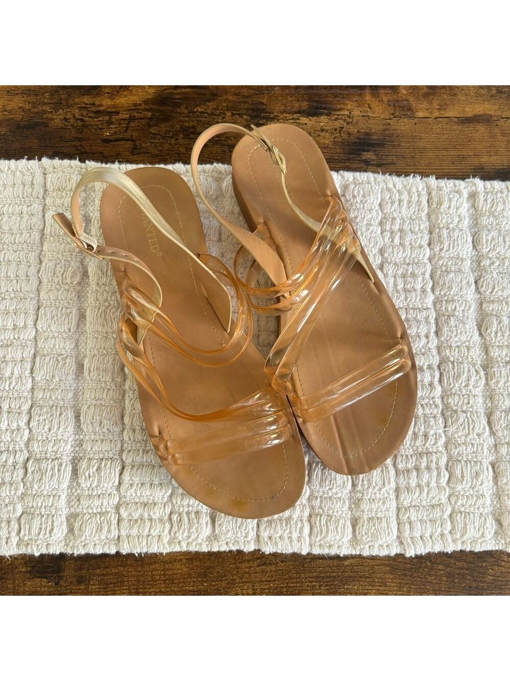 Wanted Sandals Size 10 Clear Strappy Low Wedge Gold Ankle Strap Amber PVC